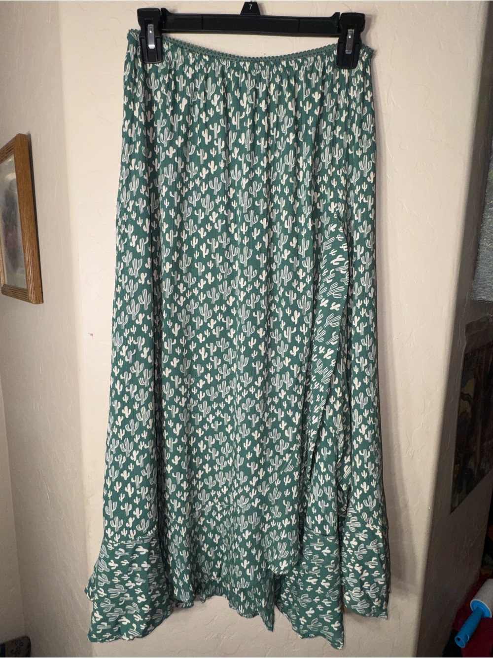 Nostalgia Green White Cactus Print Rayon Maxi Skirt Elastic Waist Boho Size M